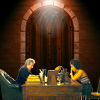 Bill and Twelve sitting at a table in a cathedral-y setting.